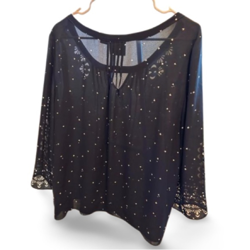 Anthropologie Maeve black sheer black  tunic, bell long sleeve . Size 14.